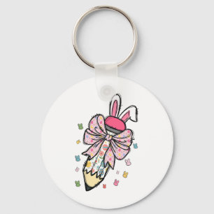 Cute Pencil Coquette Bow Bunny Easter Day Teacher  Key Ring