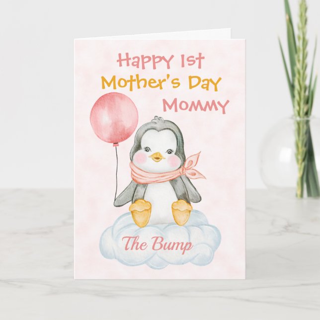 Cute Penguin 1st Mother's Day Pink Card (Front)