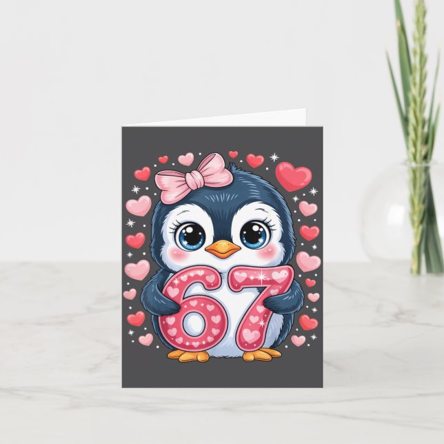 Cute Penguin 67 Six Seven Valentine Hearts 6 7 Mem Card (Front)