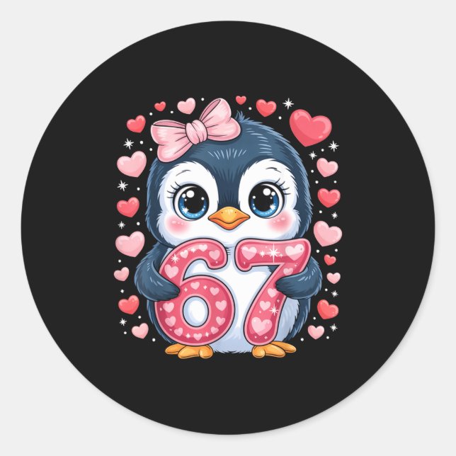 Cute Penguin 67 Six Seven Valentine Hearts 6 7 Mem Classic Round Sticker (Front)