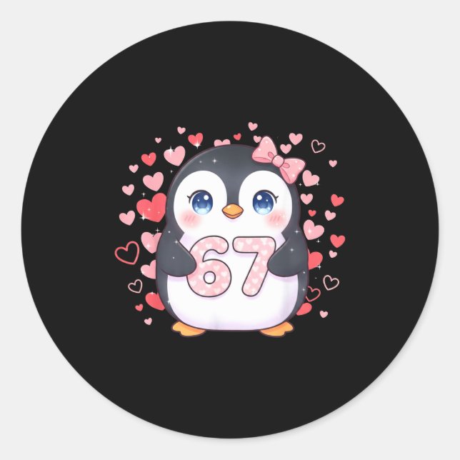 Cute Penguin 67 Six Seven Valentine Hearts 6 7 Mem Classic Round Sticker (Front)