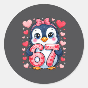 Cute Penguin 67 Six Seven Valentine Hearts 6 7 Mem Classic Round Sticker