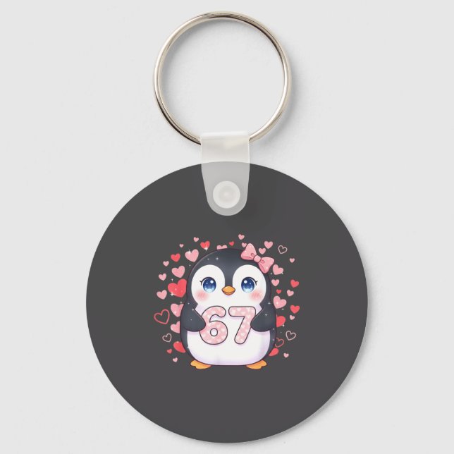 Cute Penguin 67 Six Seven Valentine Hearts 6 7 Mem Key Ring (Front)