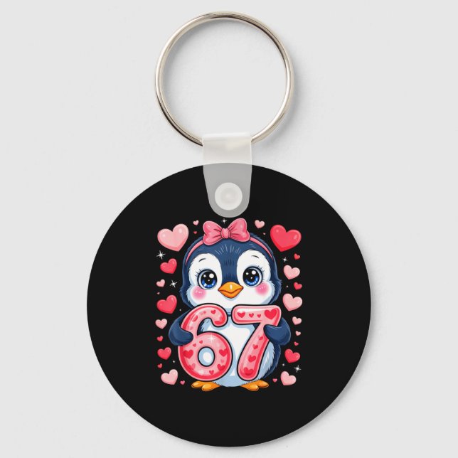 Cute Penguin 67 Six Seven Valentine Hearts 6 7 Mem Key Ring (Front)