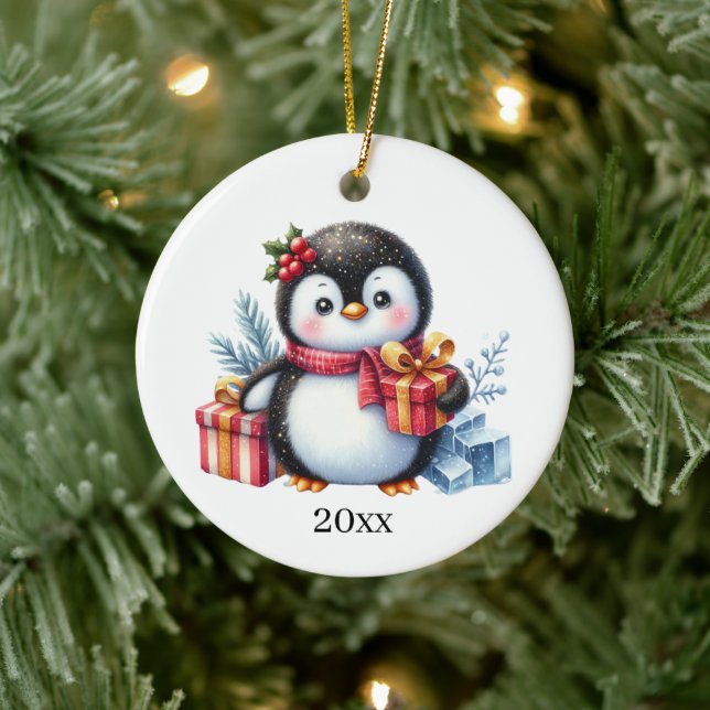 Cute penguin add date and message Christmas Ceramic Tree Decoration (Tree)