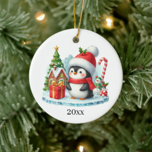 Cute penguin add date and message Christmas Ceramic Tree Decoration