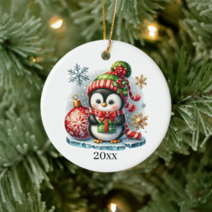 Cute penguin add date and message Christmas  Ceramic Tree Decoration