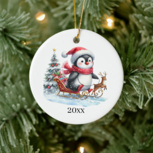 Cute penguin add date and message Christmas Ceramic Tree Decoration