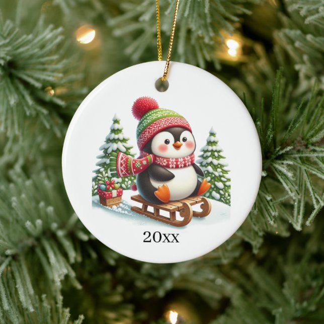 Cute penguin add date and message Christmas  Ceramic Tree Decoration (Tree)