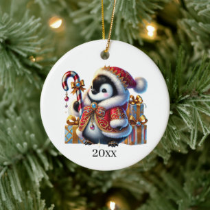Cute penguin add date and message Christmas Ceramic Tree Decoration