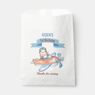 Cute Penguin Aeroplane Blue 1st Birthday Favour Bags