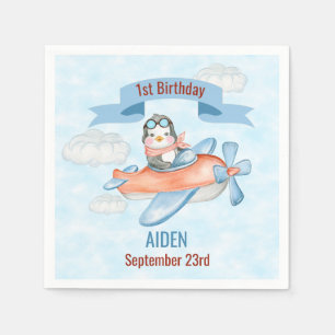 Cute Penguin Aeroplane Blue 1st Birthday Napkin