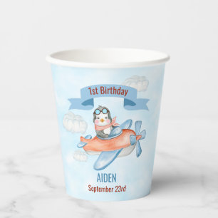 Cute Penguin Aeroplane Blue 1st Birthday Paper Cups