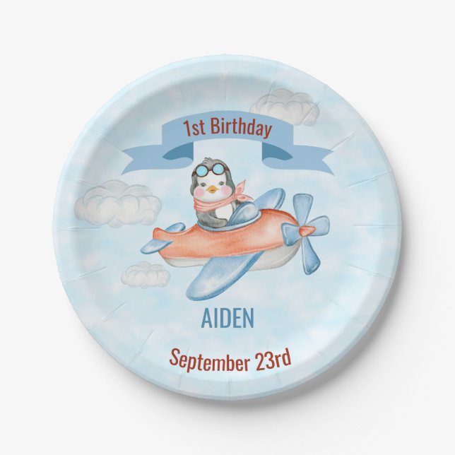 Cute Penguin Aeroplane Blue 1st Birthday  Paper Plate (Front)