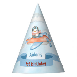 Cute Penguin Aeroplane Blue 1st Birthday Party Hat