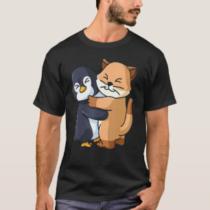 Cute Penguin And Cat Animal Hugging Women Girls T-Shirt