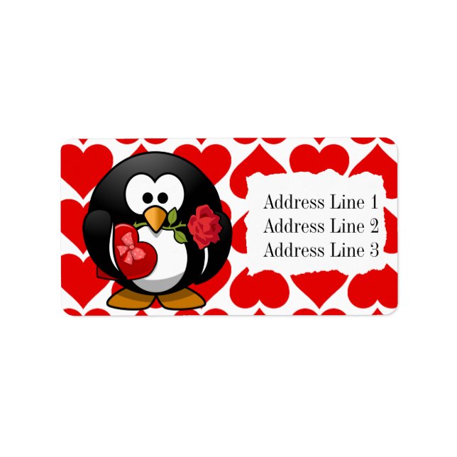 Cute Penguin and Hearts Valentine Address Label (Front)