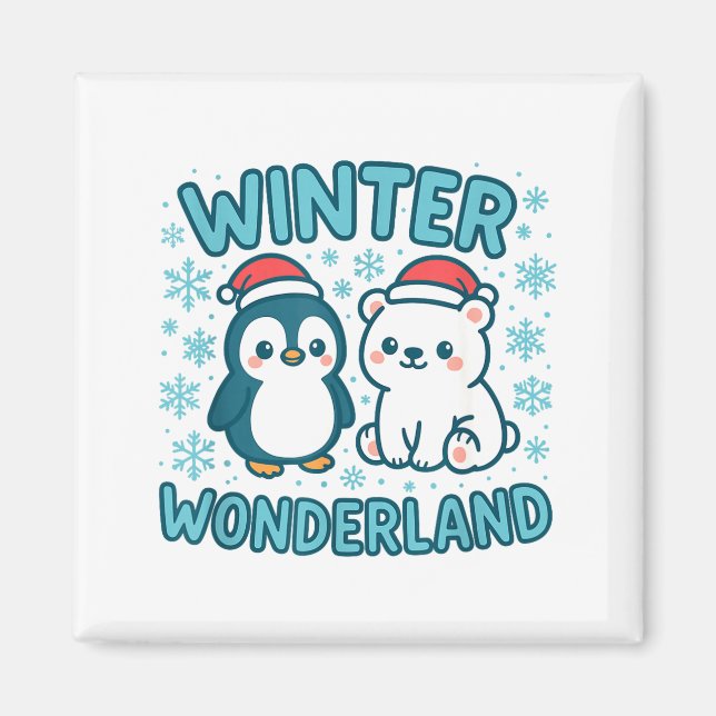 Cute Penguin And Lar Bear Winter Wonderland Christ Magnet (Front)