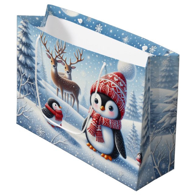 Cute Penguin and Reindeer Large Gift Bag (Front Angled)