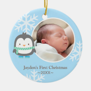 Cute Penguin and Snowflakes Baby Christmas Photo Ceramic Tree Decoration