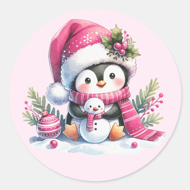 Cute Penguin and Snowman Pink Christmas Classic Round Sticker (Front)