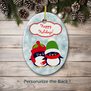 Cute Penguin Baby Blue Bokeh Ceramic Tree Decoration