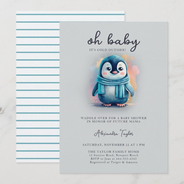 Cute Penguin Baby Cold Outside Sweet Boy Shower Invitation (Front/Back)
