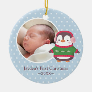 Cute Penguin Baby First Christmas Photo Ceramic Tree Decoration