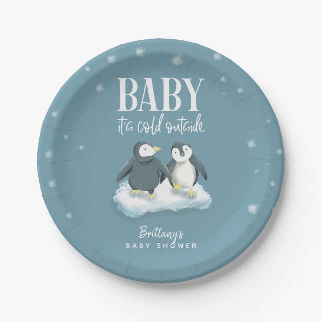 Cute Penguin Baby It's Cold Outside Blue Shower Paper Plate (Front)