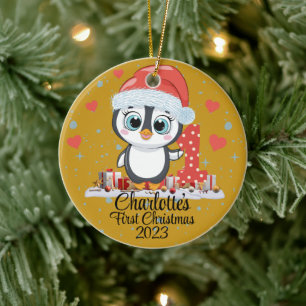 Cute Penguin Baby’s First Christmas Gold Ceramic Tree Decoration