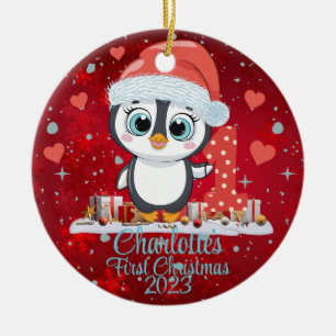 Cute Penguin Baby’s First Christmas Red Ceramic Tree Decoration