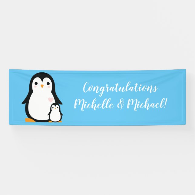Cute Penguin Baby Shower Blue Boy Banner (Horizontal)