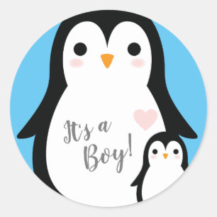 Cute Penguin Baby Shower Blue Boy Classic Round Sticker