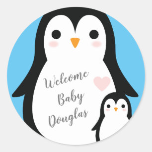 Cute Penguin Baby Shower Blue Boy Classic Round Sticker