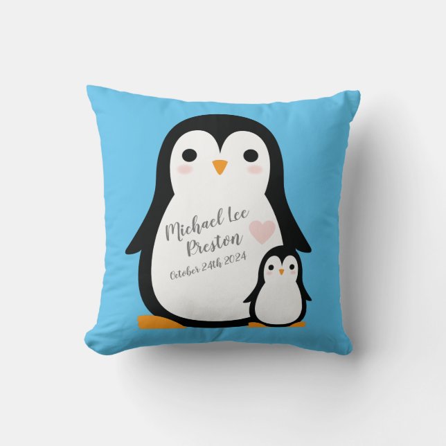 Cute Penguin Baby Shower Blue Boy Cushion (Front)