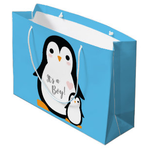 Cute Penguin Baby Shower Blue Boy Large Gift Bag