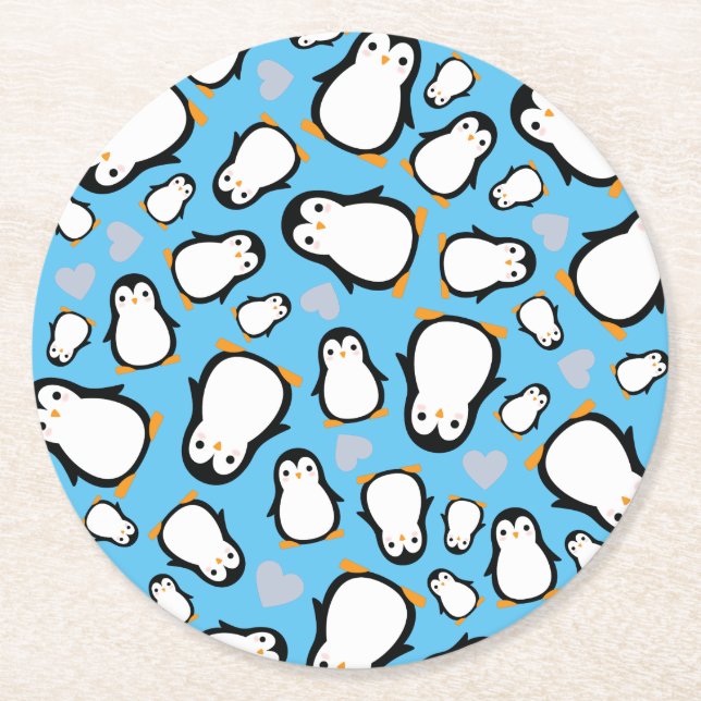 Cute Penguin Baby Shower Blue Boy Round Paper Coaster (Front)