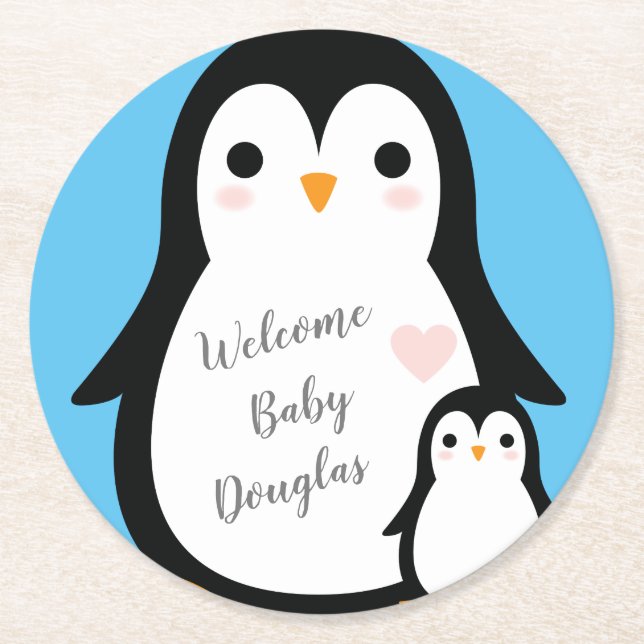 Cute Penguin Baby Shower Blue Boy Round Paper Coaster (Front)