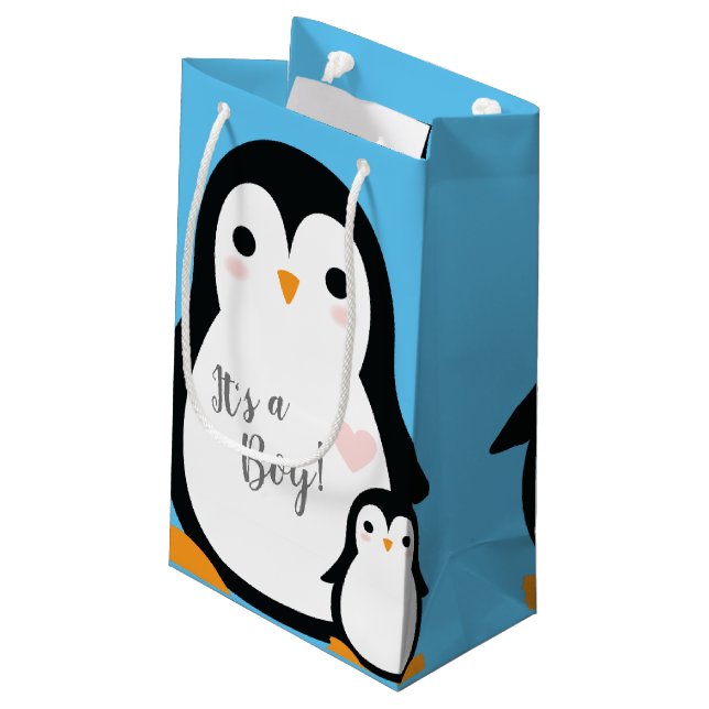 Cute Penguin Baby Shower Blue Boy Small Gift Bag (Back Angled)