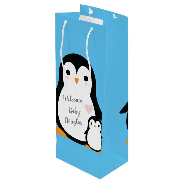 Cute Penguin Baby Shower Blue Boy Wine Gift Bag (Back Angled)