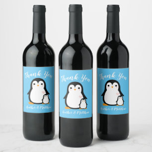 Cute Penguin Baby Shower Blue Boy Wine Label
