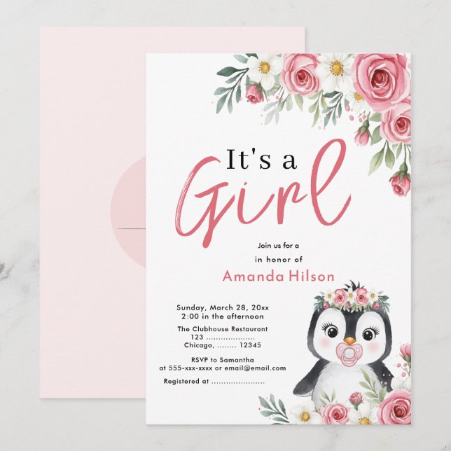 Cute Penguin Baby Shower Invitation (Front/Back)