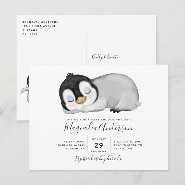 Cute Penguin Baby Shower Invitation Postcard (Front/Back)