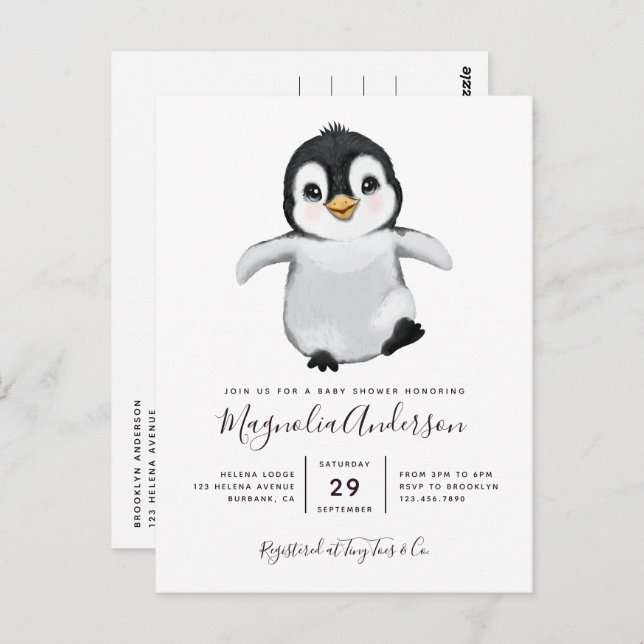 Cute Penguin Baby Shower Invitation Postcard (Front/Back)