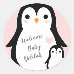 Cute Penguin Baby Shower Pink Girl Classic Round Sticker