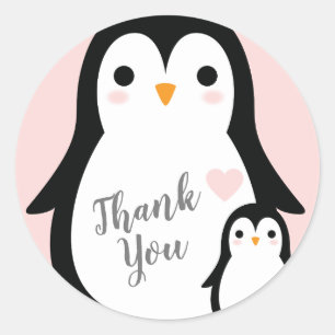 Cute Penguin Baby Shower Pink Girl Classic Round Sticker