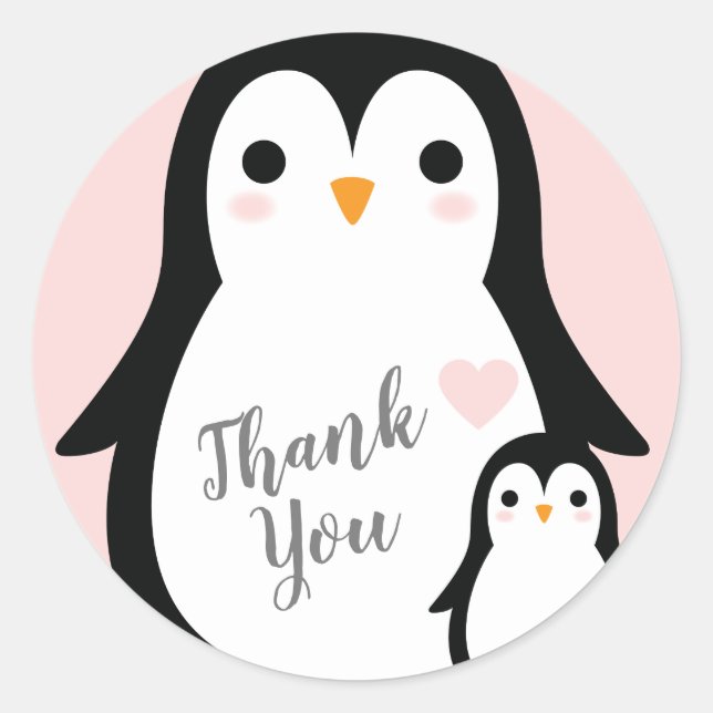 Cute Penguin Baby Shower Pink Girl Classic Round Sticker (Front)