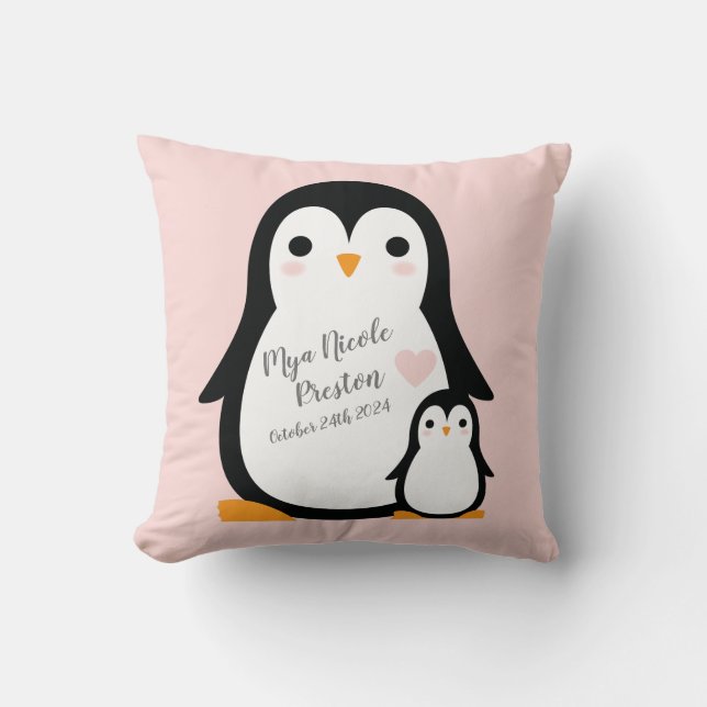 Cute Penguin Baby Shower Pink Girl Cushion (Front)