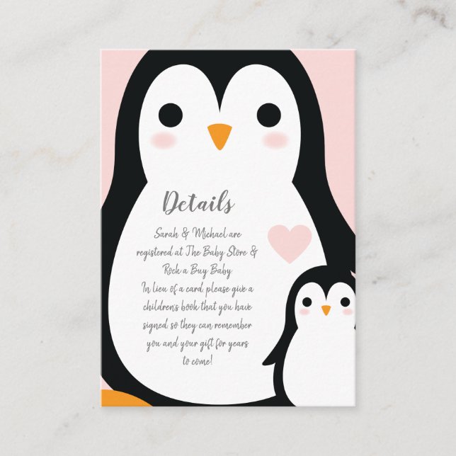 Cute Penguin Baby Shower Pink Girl Enclosure Card (Front)