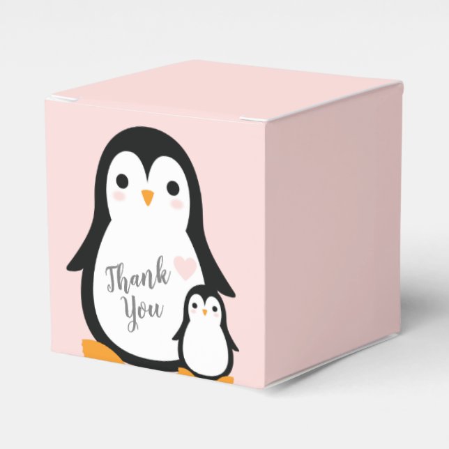 Cute Penguin Baby Shower Pink Girl Favour Box (Front Side)